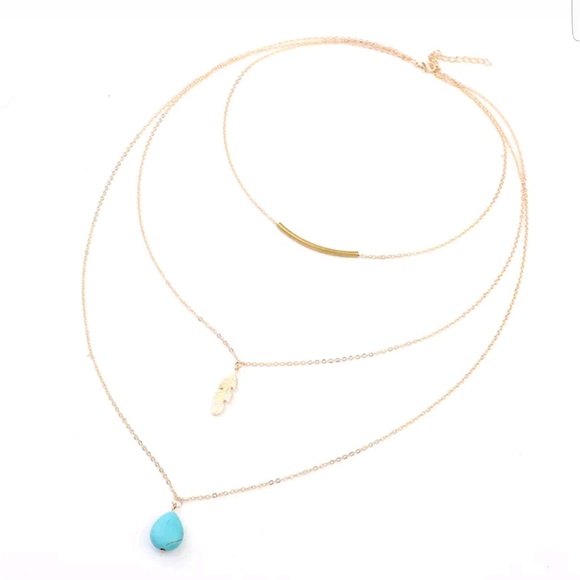 Layered Turquoise Stone Feather Necklace Gold Tone - Picture 3 of 3